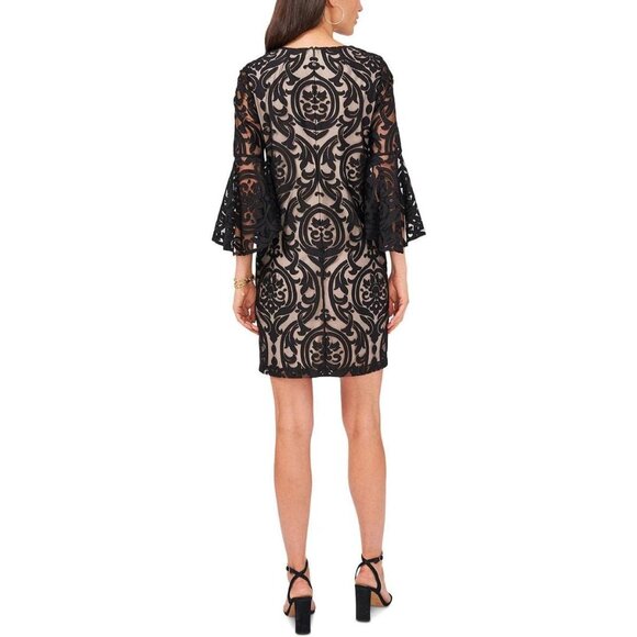 MSK Bell Sleeve Lace Overlay Cocktail Mini Dress Black Nude Sz 10 Party Elegant - Picture 4 of 13